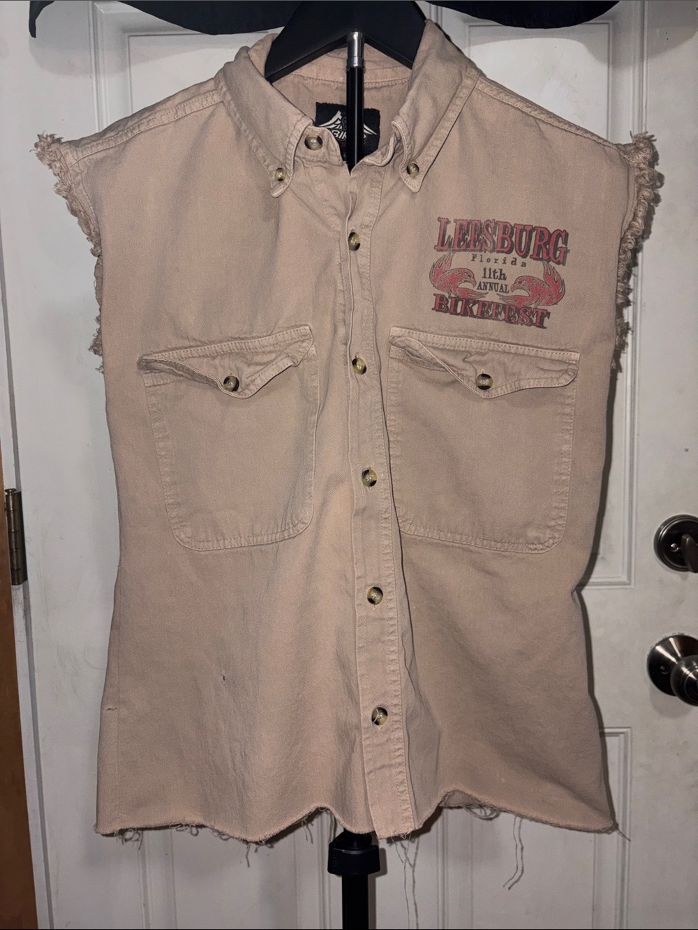 Vintage 2007 Biker Design Frayed Cotton Cutoff Button Vest Shirt